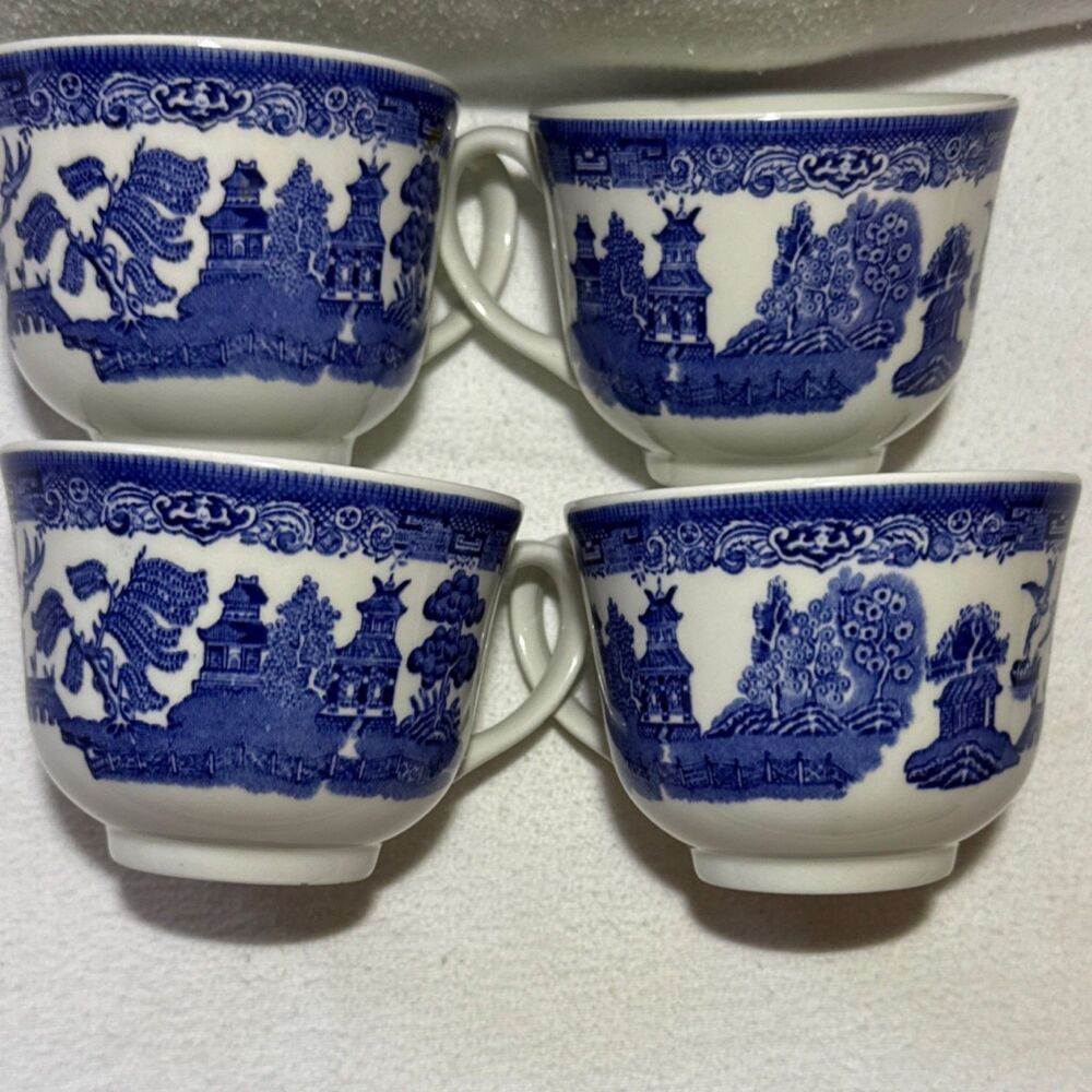 Blue & White Willow Ceramic Mug w/ Handle, set of 4 Impressed Backstamp England